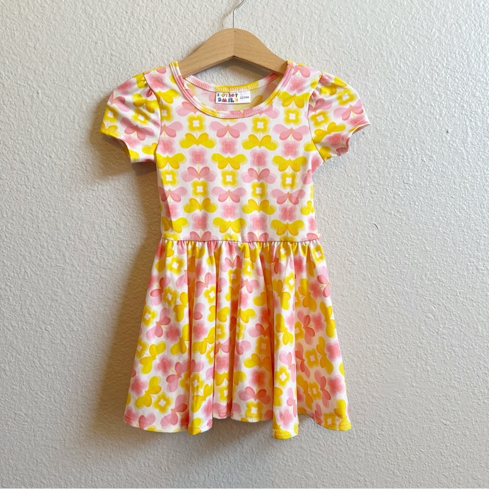 NWT Dot Dot Smile Floral Yellow Pink Twirl Dress Baby Girl Size 12-24 Months